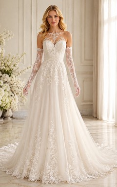 Vestido de novia de encaje con cola larga y corte en A