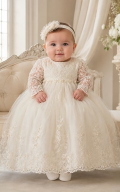Vestido modesto para ceremonia de bautizo de bebé, corte en A, largo hasta los tobillos, cuello joya, manga larga, tul, encaje, espalda abotonada.