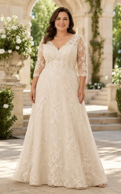 Plus Size Ivory Lace V-Neck Three-Quarter Sleeve A-Line Floor-Length Vow Renewal Dress