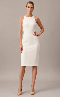 Ivory Jersey Jewel Neck Sleeveless Sheath Knee-length Simple Modern Elegant Court Occasion Dress