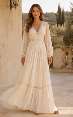 Cream Chiffon V-Neck Long Sleeve Tiered Floor-Length A-Line Bohemian Dress