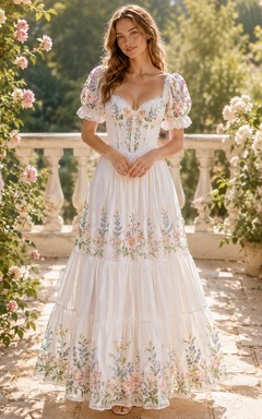 White Floral Lace V-Neck Short Sleeve Ankle Length Bohemian Dress