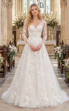 Spring Floral Long Sleeve V-Neck A-Line Chapel Wedding Dress