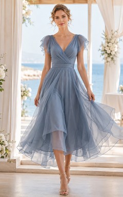 Slate Blue V Neck Flutter Layered Organza Guest Dress