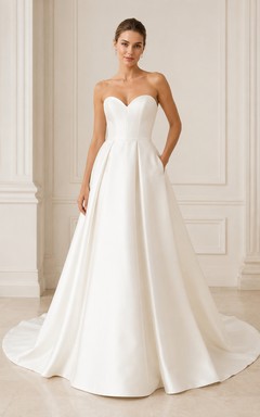 Robe de soirée blanche en satin, robe de bal bustier avec traîne chapelle