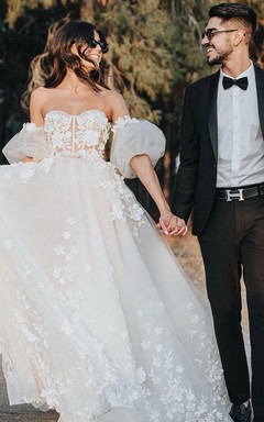 Ethereal Off-Shoulder Tulle Ball Gown with Puff Sleeves