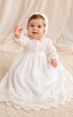Crochet Lace Baby Baptism A-Line Long Sleeve Scalloped Hem Dress Vintage Romantic Adorable Satin