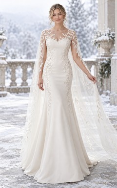 Vestido de novia de invierno estilo sirena con cuello joya transparente, encaje de hojas y capa de satén