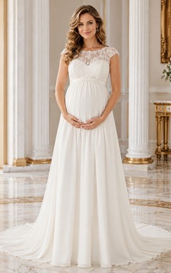 Elegante vestido de novia premamá de corte A con encaje y mangas cortas