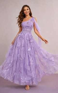 Lavender One-Shoulder Sleeveless Cascading Ruffle Tulle Prom Dress