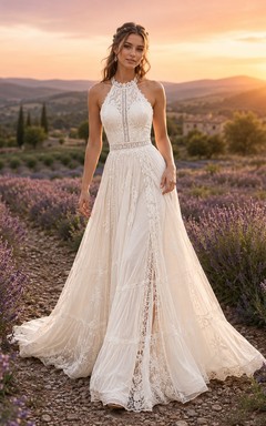 Boho Halter High Neck Floral Lace A Line Chapel Outdoor Wedding Dress