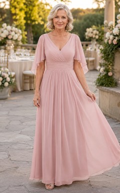 Blush V neck flutter sleeve pleated chiffon grandmother gown