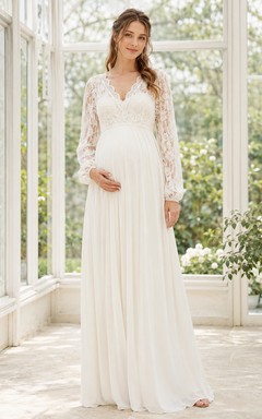 Ivory Tall Maternity Lace Long Sleeve V-Neck A-Line Floor Dress