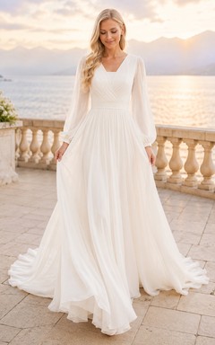 Vestido de novia de gasa con escote en V, corte imperio, manga larga abullonada, estilo corte A, cola de la corte.