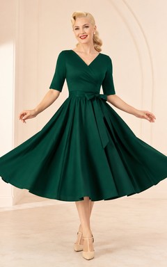 Green Vintage High-Neck Three-Quarter-Sleeve A-Line Tea-Length Dress