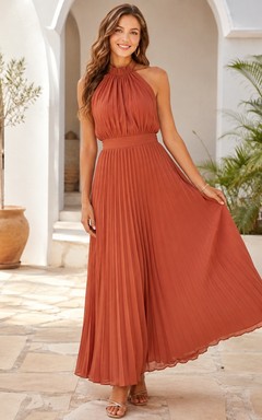 Vermilion Boho Halter High Neck Pleated Ankle-Length Empire A-Line Guest Dress