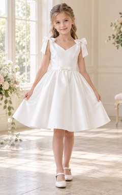 Simple Short White Sleeveless V-neck Shoulder Bow Gathered Satin Sashed A-Line Flowergirl Dress