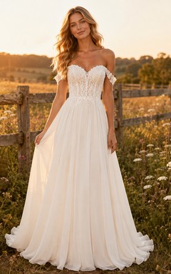 Vestido de novia de tul y encaje campestre, corte en A, hombros descubiertos, manga corta, cola de capilla, espalda baja en V.
