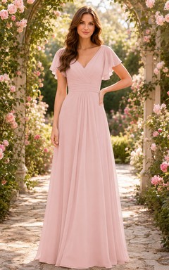 Pearl Pink Romantic Garden A-Line Chiffon Bridesmaid Dress with V-Neck Flutter Sleeve Bodice, Pleated Floor-Length Skirt and Low V Back