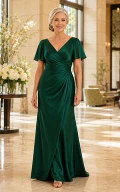 Emerald V neck flutter sleeve satin A line mother gown