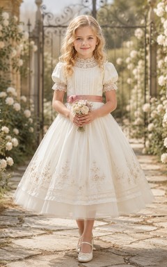 Vestido de niña de flores de corte A de inspiración victoriana con mangas abullonadas, corpiño de encaje floral, falda de tul festoneada, lazo en la cintura, estilo victoriano.