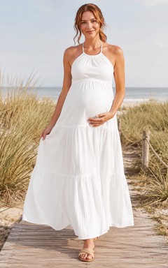 Robe de mariée bohème décontractée à volants, style empire, longueur cheville, dos nu, sans manches, en mousseline, pour la plage ou la maternité.