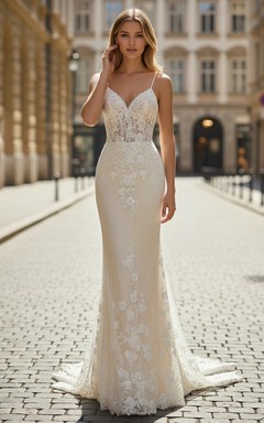 Robe de mariée sirène à bretelles et col en V en dentelle