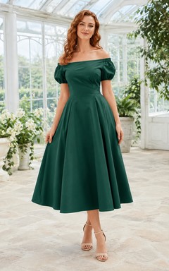 Dark Green Off-the-shoulder Puff Sleeve Tea-length Satin A-line Vintage Dress