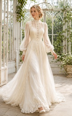 Boho Lace Tulle Wedding Dress A-Line High Neck Long Sleeve Sweep Train Bridal Gown