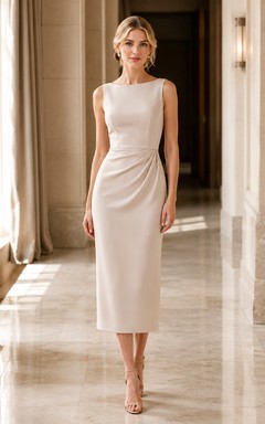 Robe fourreau sans manches en crêpe drapée couleur champagne, longueur cheville, style bateau, élégante et discrète.