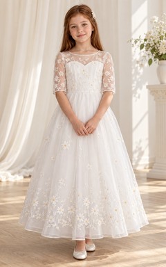 Modest White Ankle-length Illusion Neck Half Sleeve Daisy Communion Dress