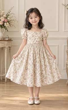 Teelanges, eckiges Blumenkleid in A-Linie mit Blumenmuster, A-Linien-Schnitt, Puffärmeln und Schleife am Rücken