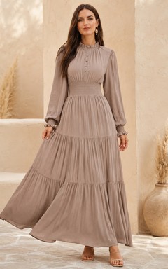 Long Sleeve Modest High Neck A-Line Tiered Taupe Formal Evening Dress