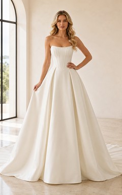 Satin Wedding Dress A-Line Strapless Sweep Train Bridal Gown