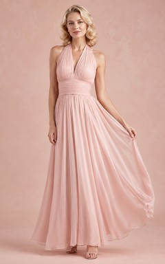 Blush Pink Halter Neck Sleeveless Pleated Floor Length Romantic Dress