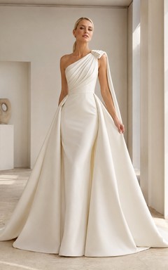 Minimalist Satin Wedding Dress A-Line One Shoulder Sleeveless Sweep Train Bridal Gown