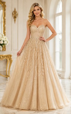 Vestido de noche de lujo largo hasta el suelo, sin tirantes, con escote corazón, de tul con lentejuelas, color champán dorado.