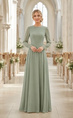 Robe de demoiselle d'honneur vert sauge, sobre, à manches longues en mousseline, arrivant au sol