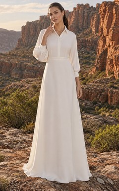 Schlichtes, elegantes Chiffon-Brautkleid mit Kragen, Dreiviertelärmeln und A-Linien-Länge, bodenlang