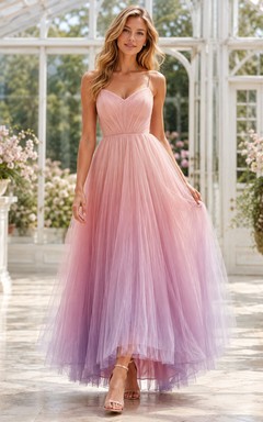 Romantisches, rosafarbenes Spaghetti-Top-Kleid mit Ombré-Tüllrock und Knöchelabschluss