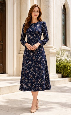 Dark Navy Floral Long Sleeve Modest A Line Midi Dress