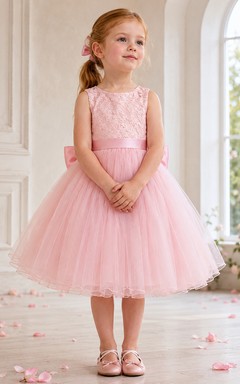 Flower Girl Dress Blushing Pink Lace Tulle A-Line Scoop Neck Tea Length Bow Back