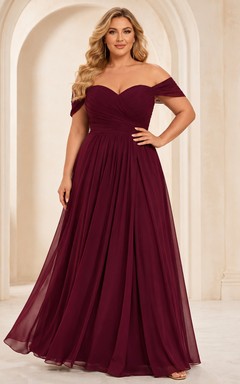 Burgunderfarbenes Chiffon-Abendkleid in Übergröße mit schulterfreiem A-Linien-Schnitt