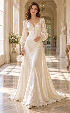 Vintage Long Poet Sleeve V-neck Satin Fitted Wedding Dress