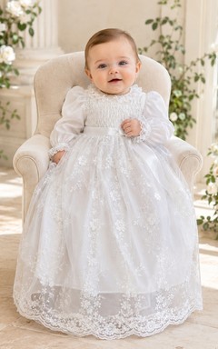 Bishop Sleeve Christening Gown A-Line Lace Tulle Jewel Neck Scalloped Hem