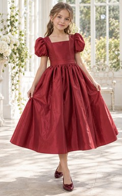 Square Neck Tea-length Cranberry Puff Sleeve Taffeta Flower Girl Dress