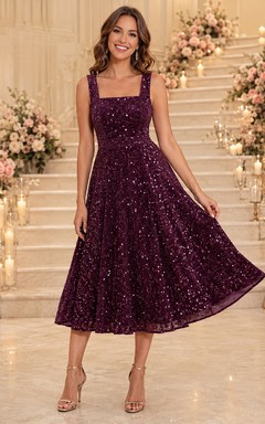 Plum Square Strap Sequin A Line Tea Formal Guest Dress