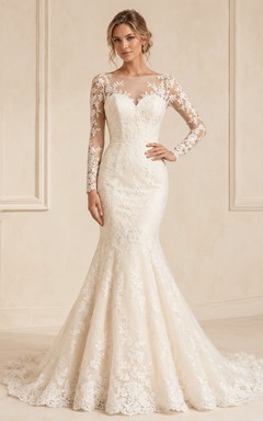 Brautkleid im Meerjungfrauenstil mit langen Ärmeln, Applikationen und Spitze, bodenlang, im Boho-Stil