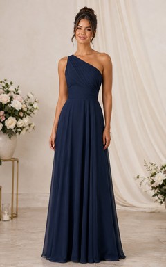 Dark Navy Chiffon One-Shoulder A-Line Bridesmaid Dress