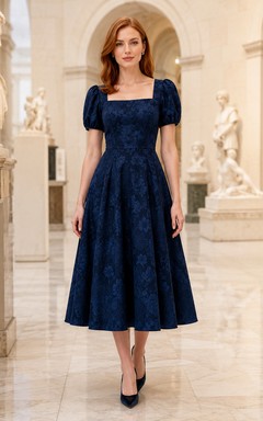 Museum Dark Navy Square Neck Jacquard Velvet A-Line Tea-Length Puff Sleeve Dress
